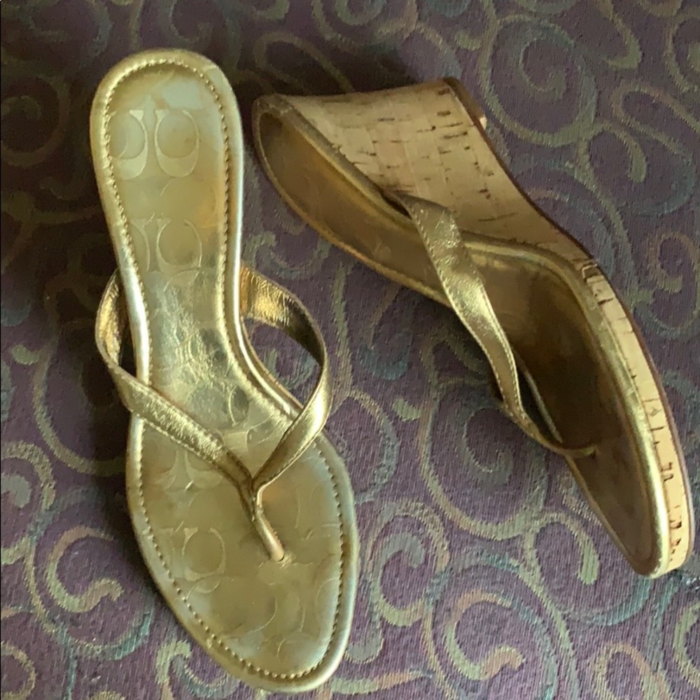 Coach sandals sz 8.5 gold and corck wedges